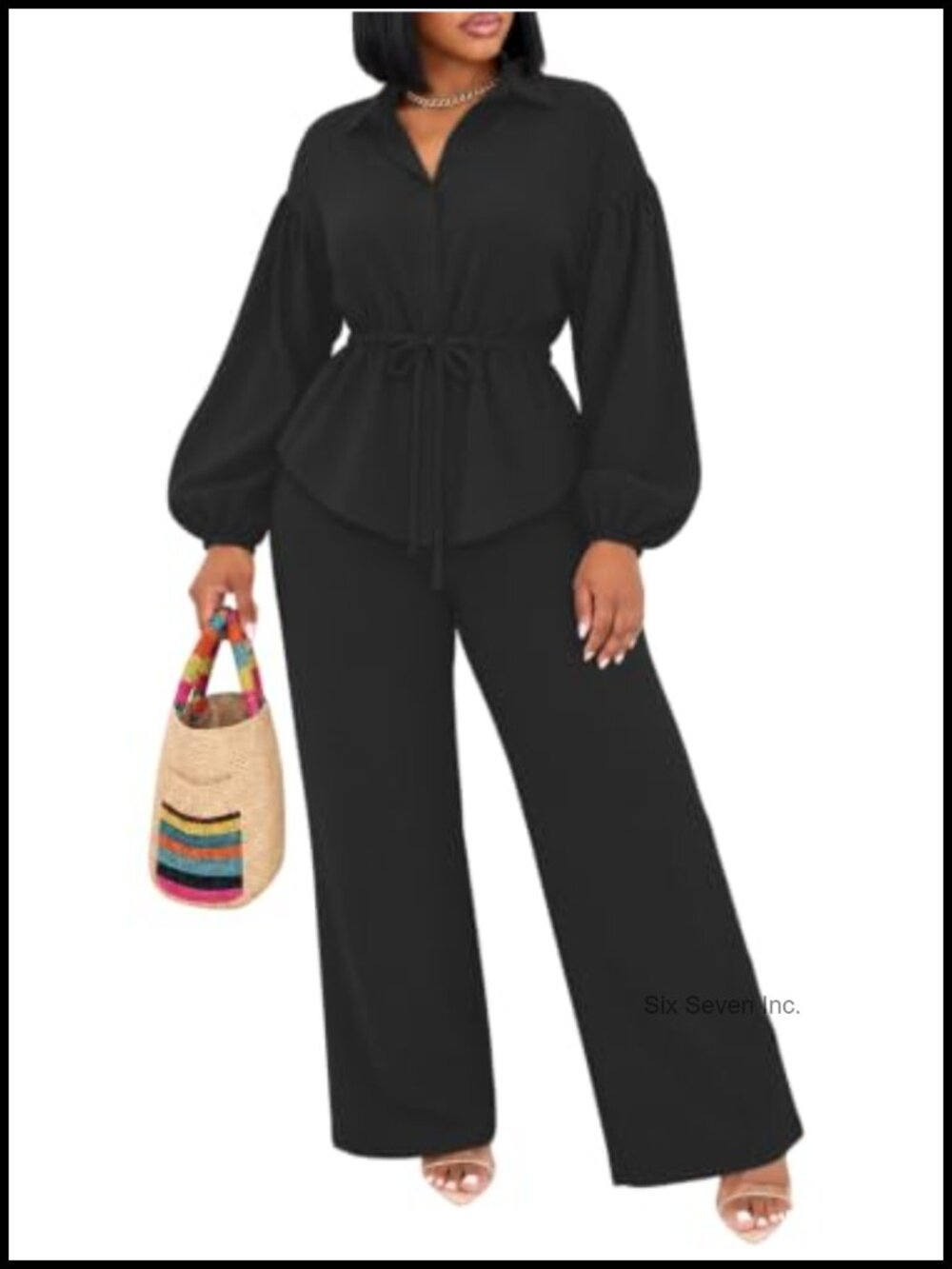 Dressy Two Piece Pant Set Lantern Sleeve Wide Leg Pockets Lightweight